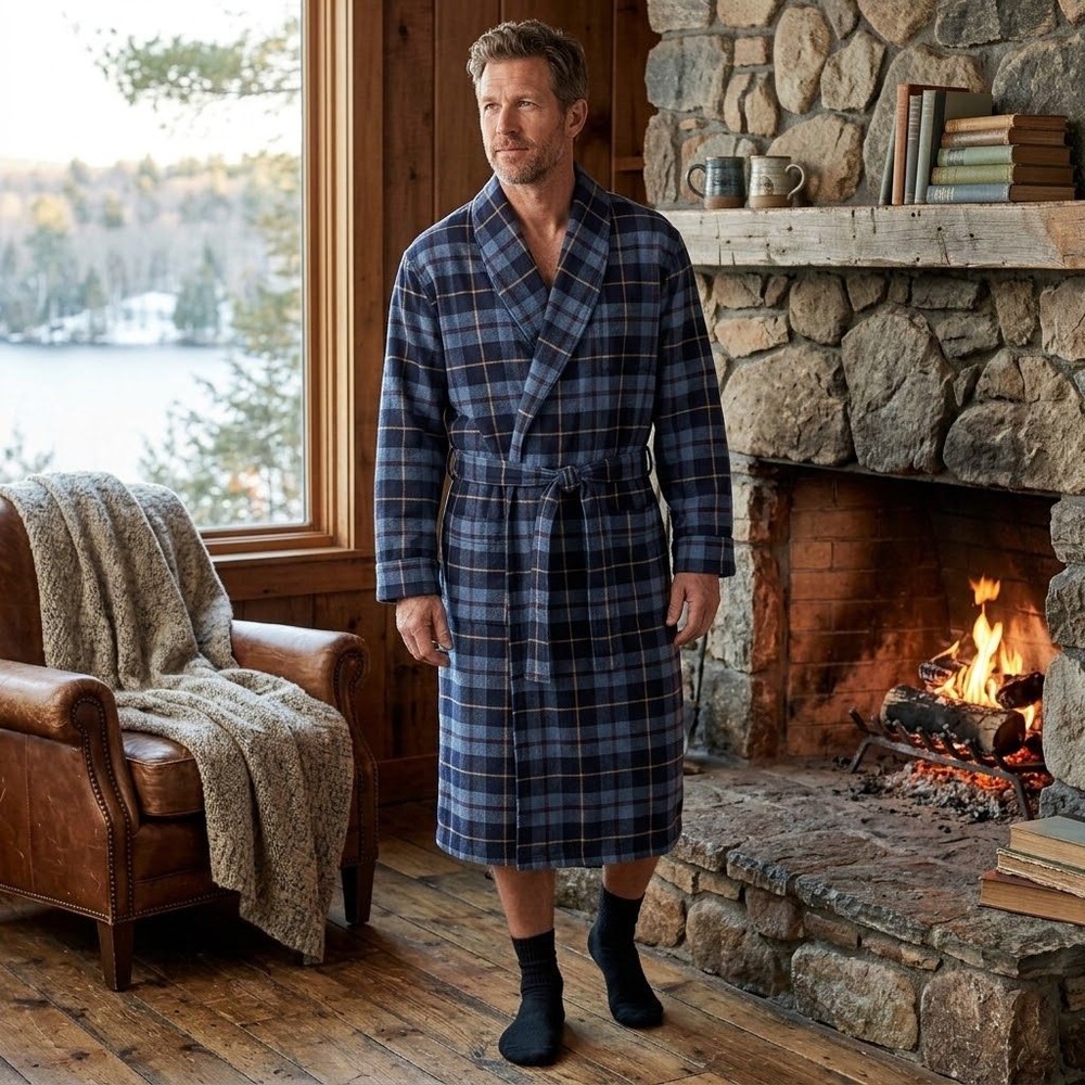 L.L.Bean Scotch Plaid Flannel Robe Mens Large Regular Blue Plaid Tie Waist 0PJ33